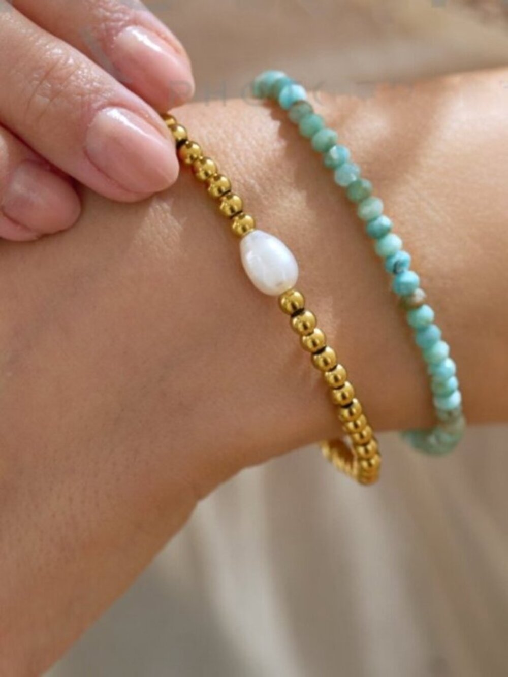 Gold Pearl Stretch Bracelet Waterproof Stacking Bracelet Pearl Jewelry